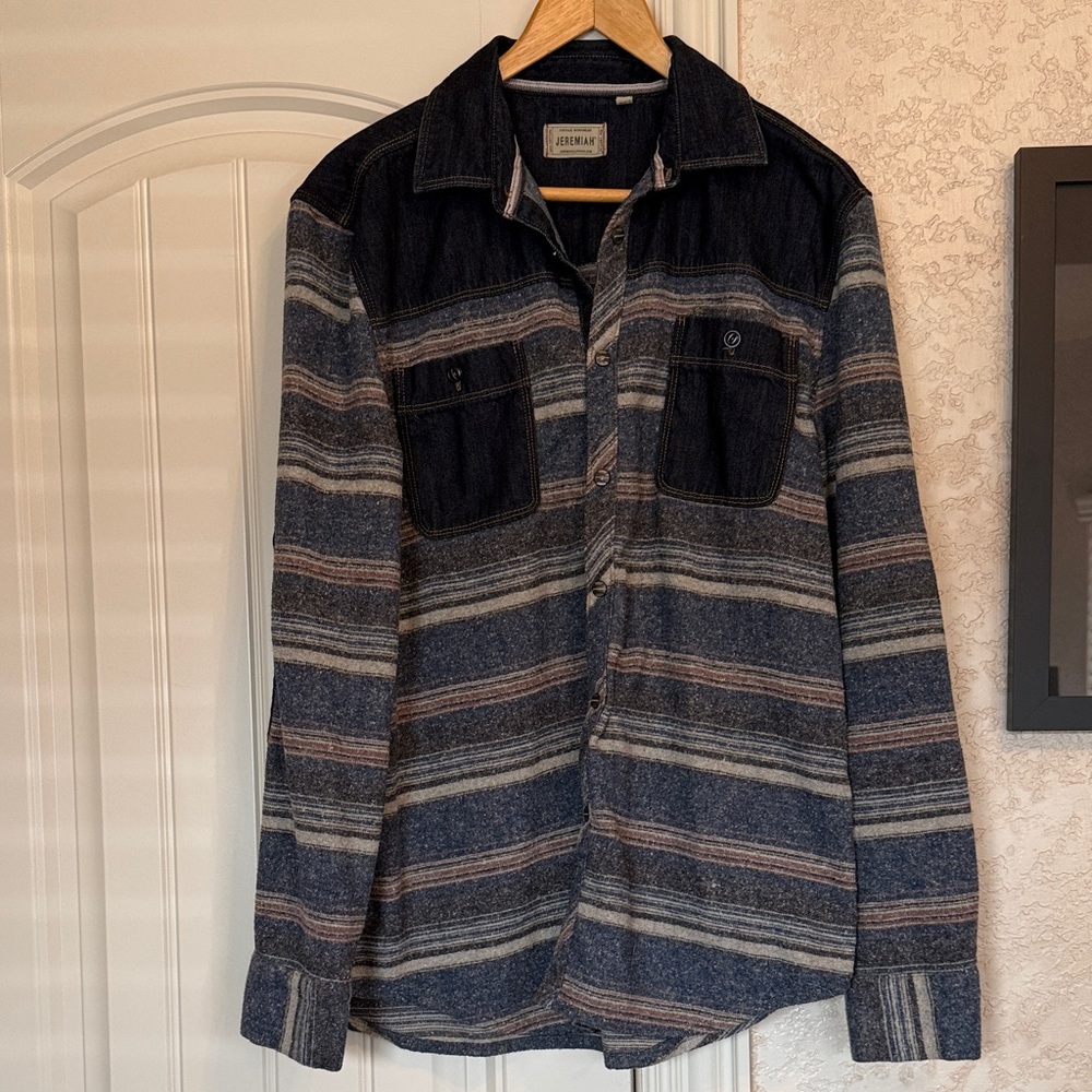 Men's Striped Shirt Jacket - Blue and Gray